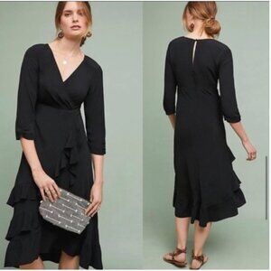 Maeve by Anthropologie Black Ruffle Midi Dress Sz 10